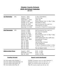 Chester County Schools calendar