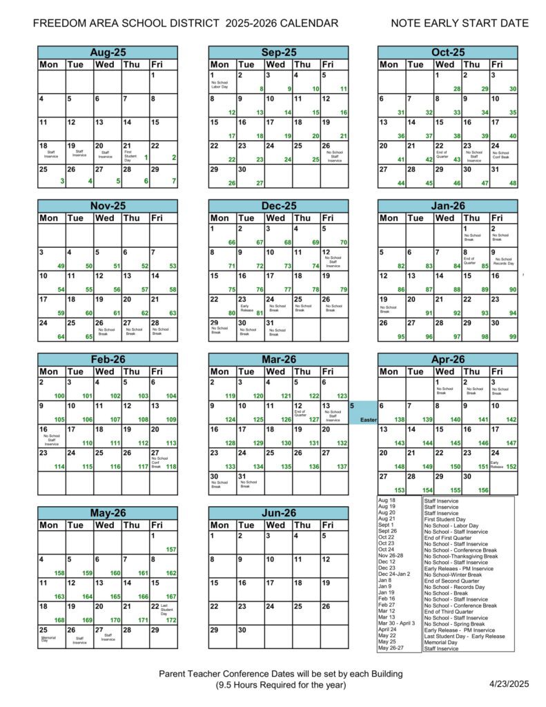 freedom area school district calendar