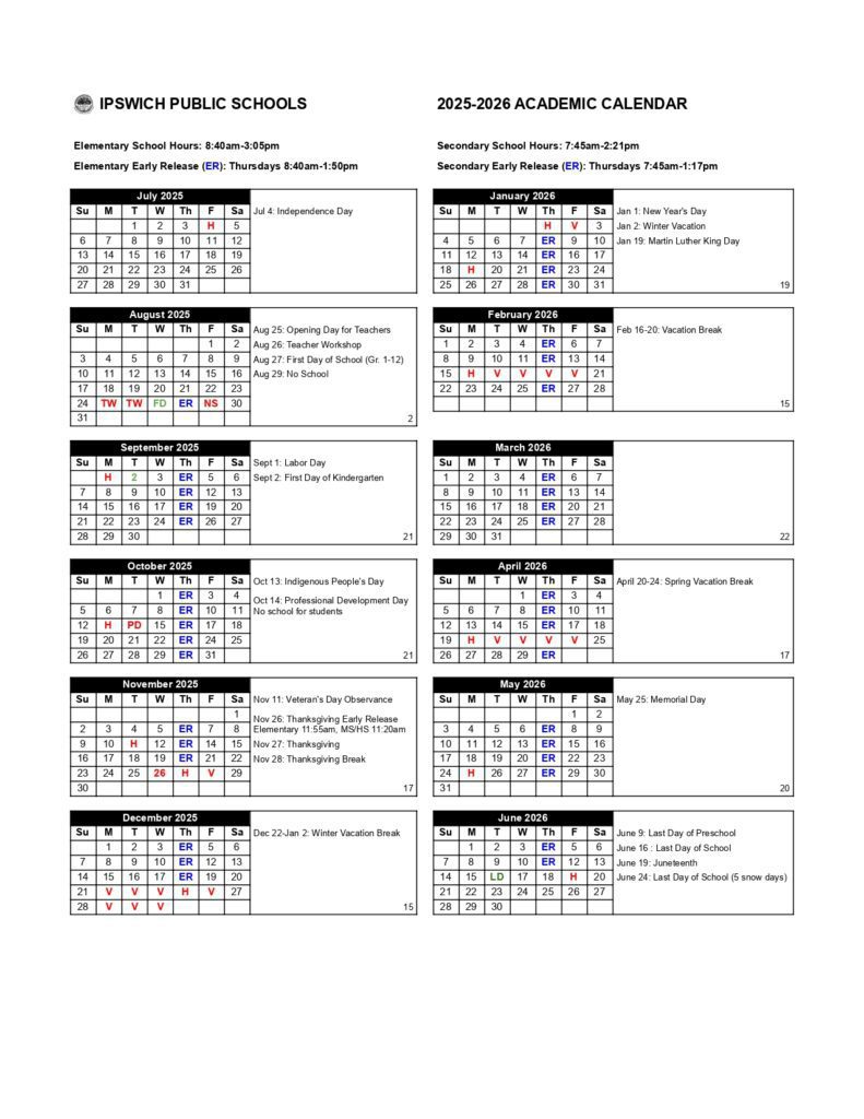 Ipswich Public Schools Calendar