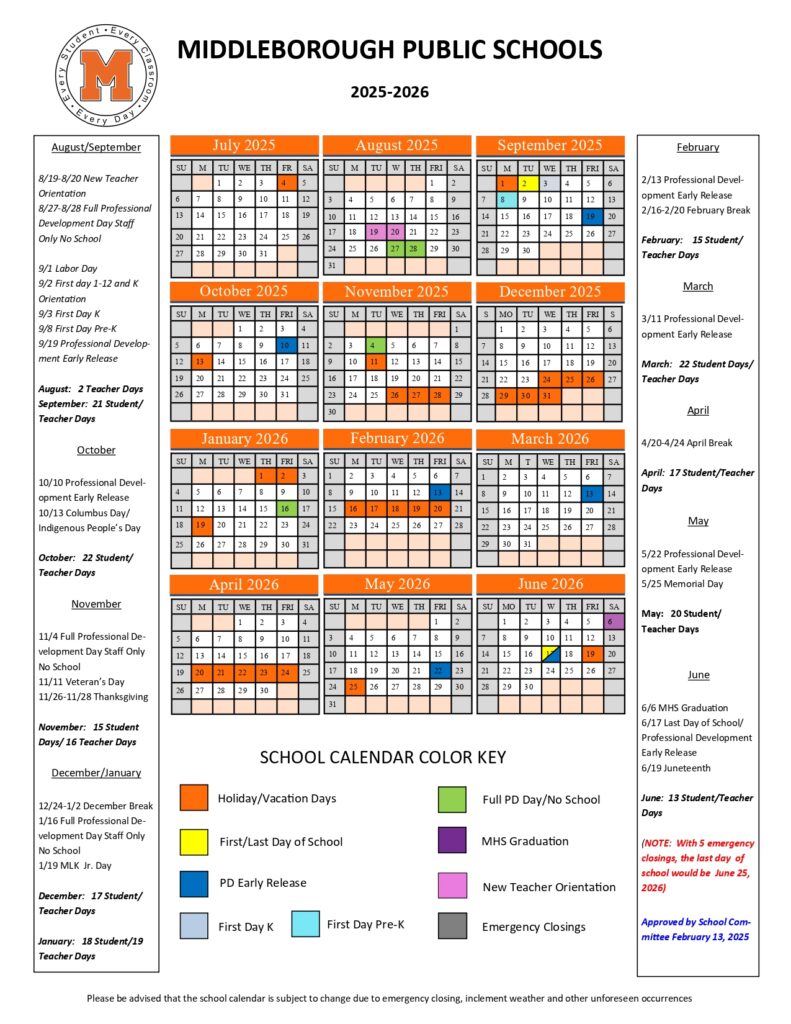 Middleborough Public Schools Calendar