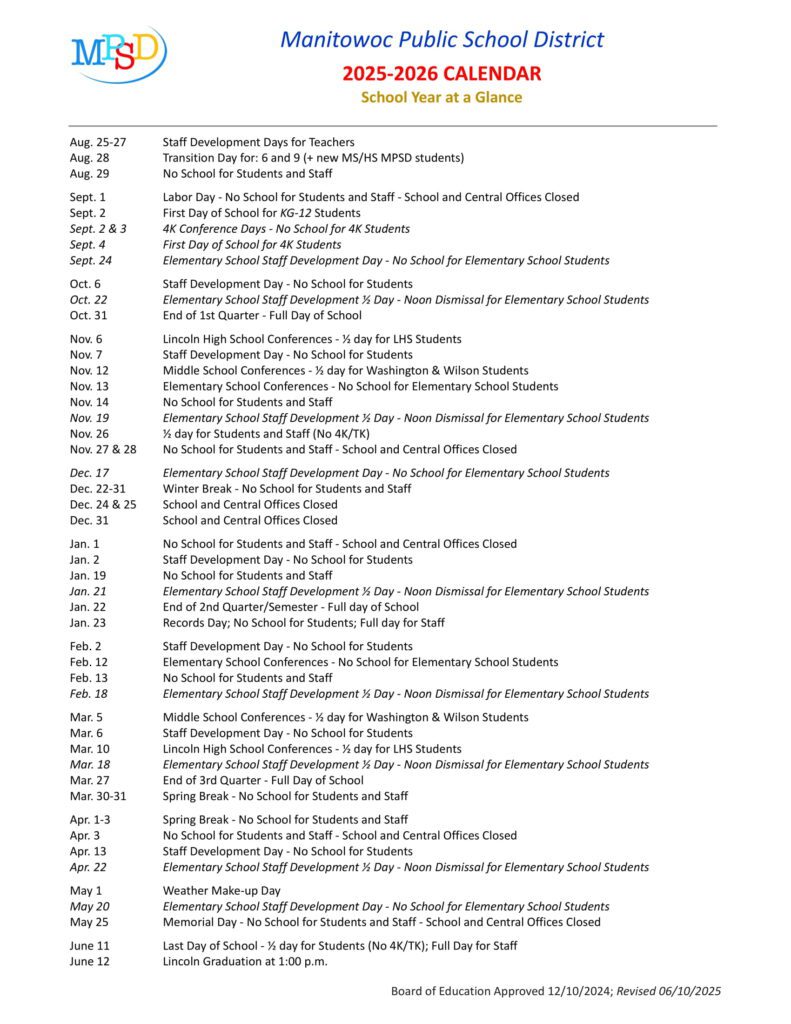 Manitowoc Public School District calendar