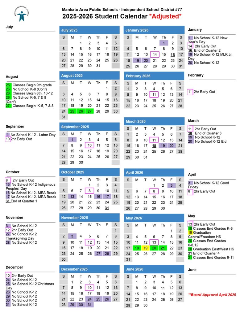 mankato area public schools calendar