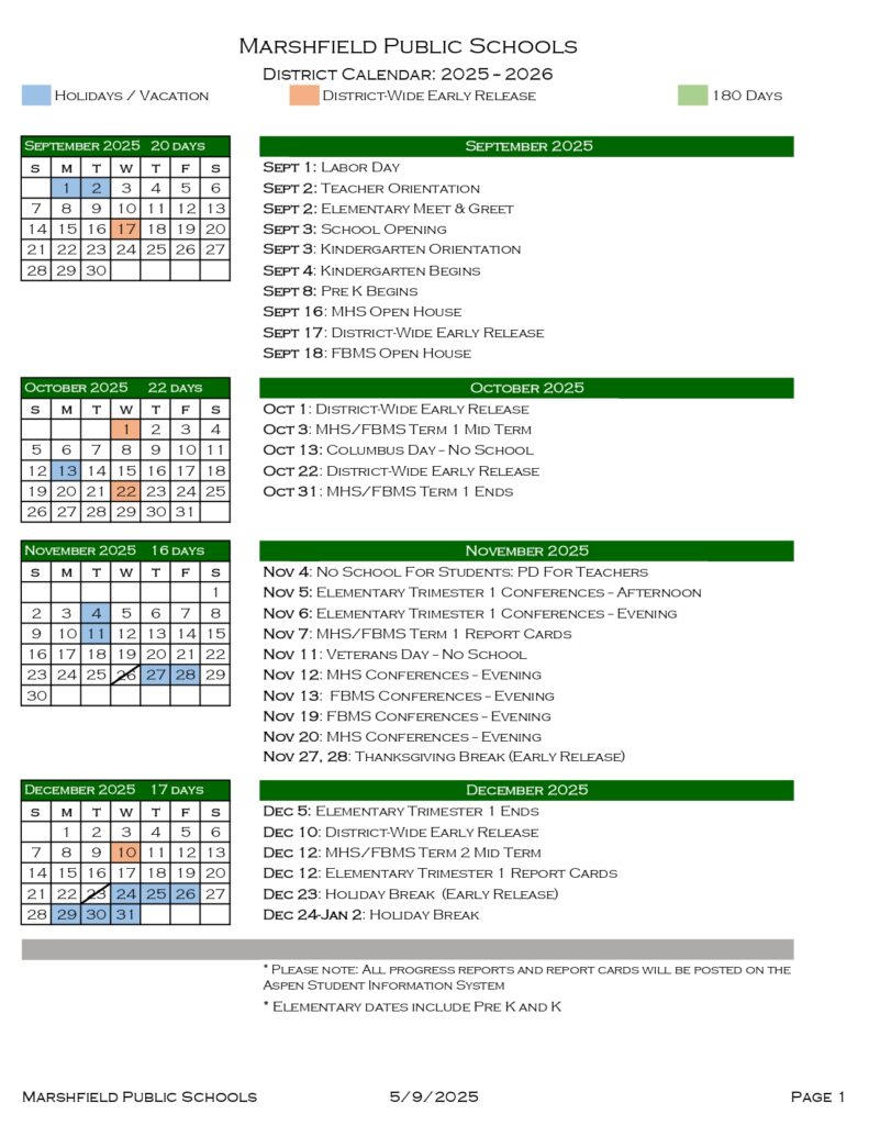 Marshfield Public Schools CALENDAR