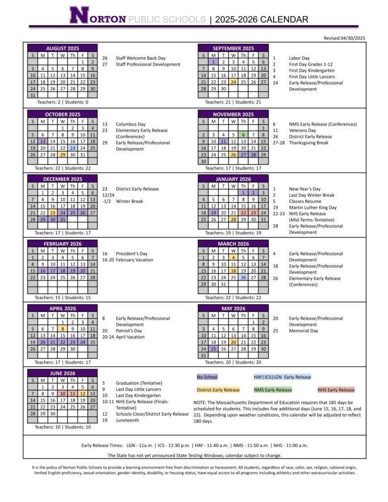 Norton Public schools calendar