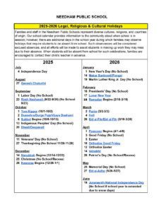 Needham Public Schools, calendar