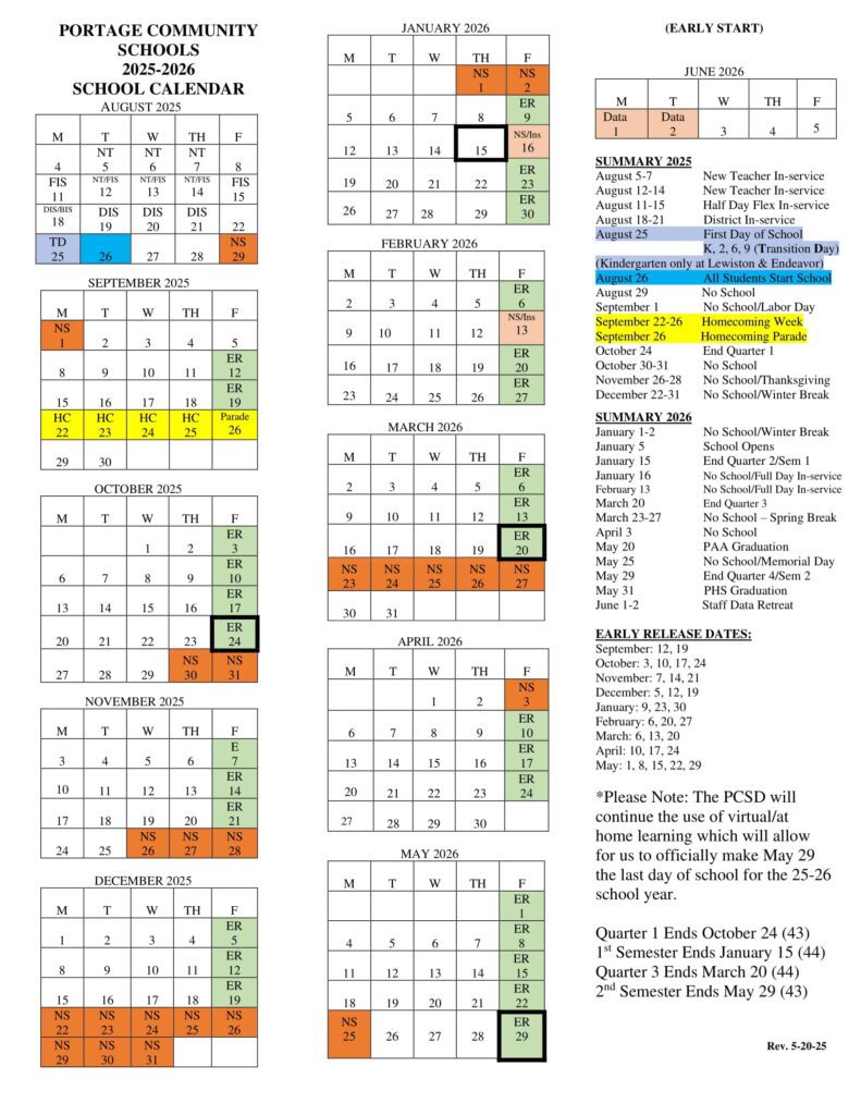 Portage Community School District calendar