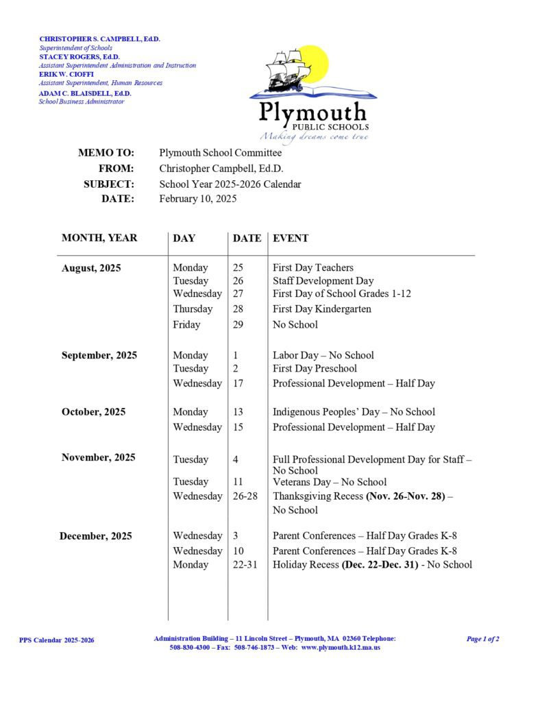 Plymouth County Schools calendar