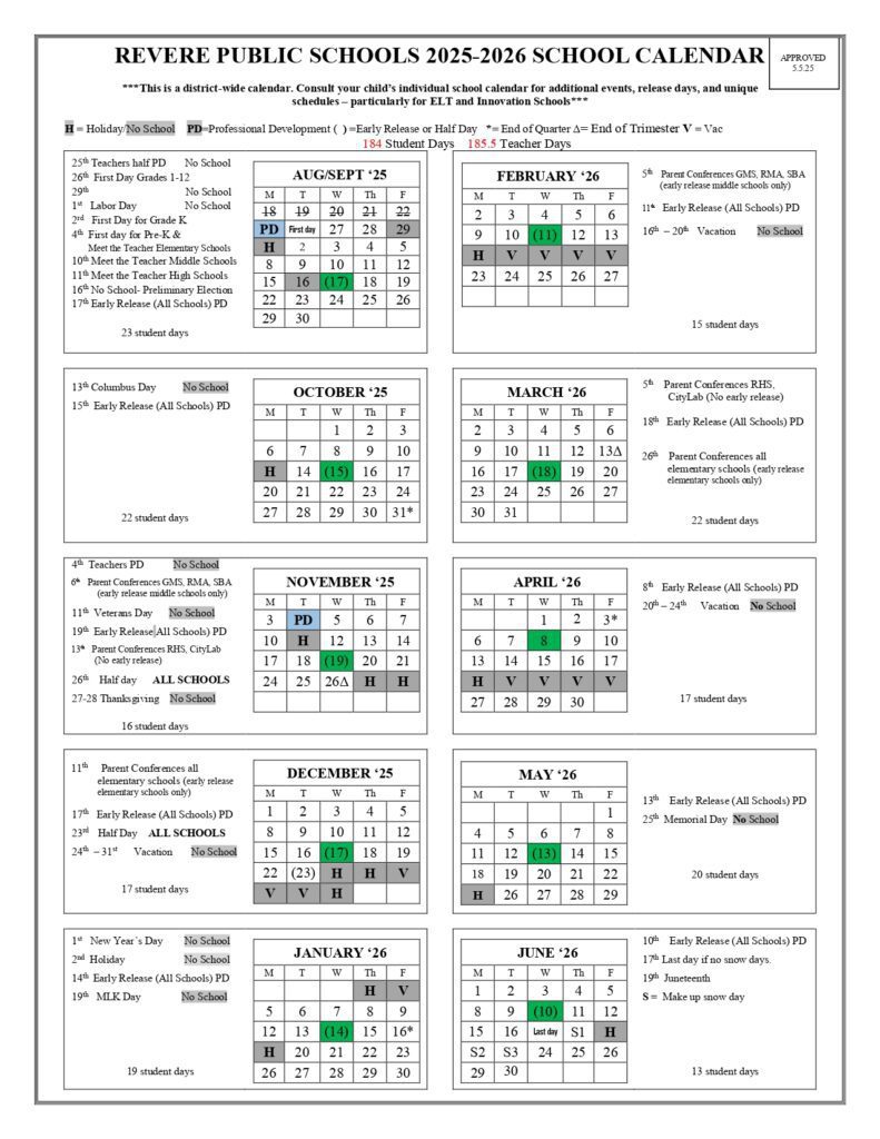 Revere Public Schools ma calendar