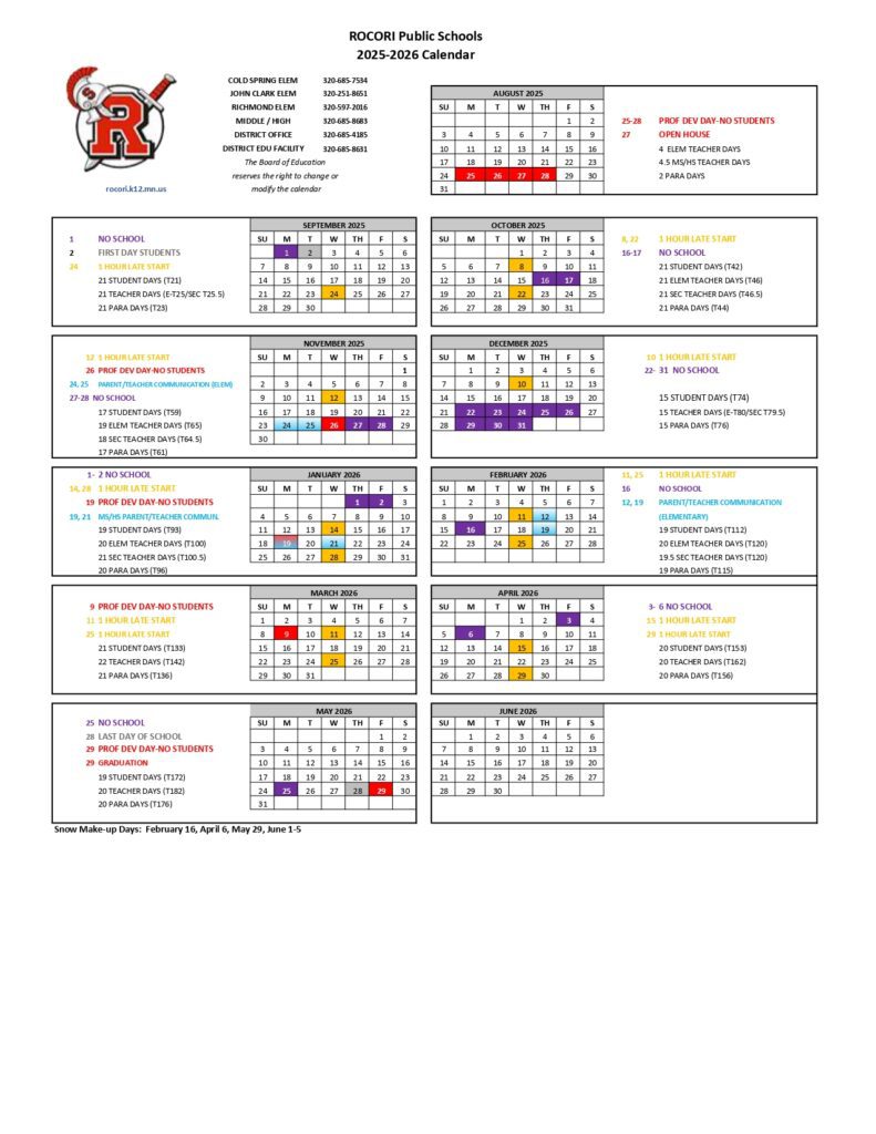 ROCORI Public Schools 25-26 calendar