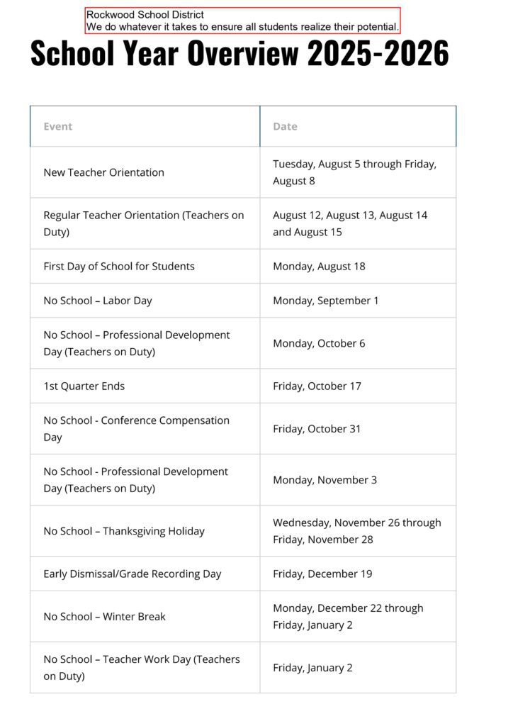 Rockwood School District calendar