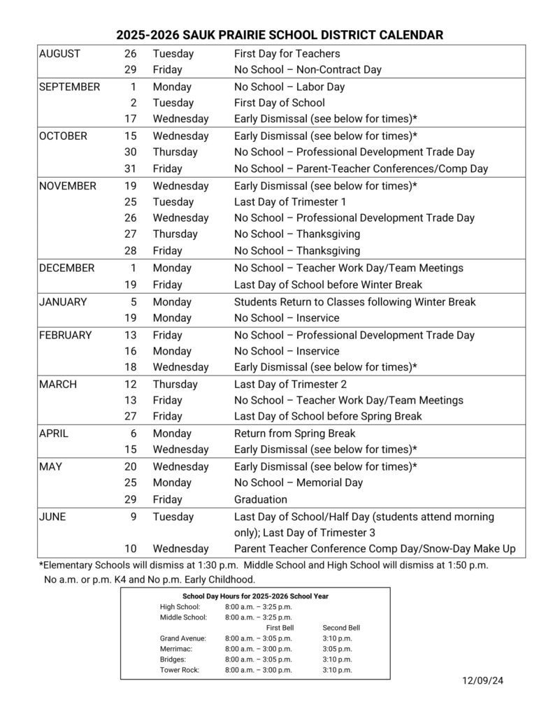 sauk prairie school district calendar