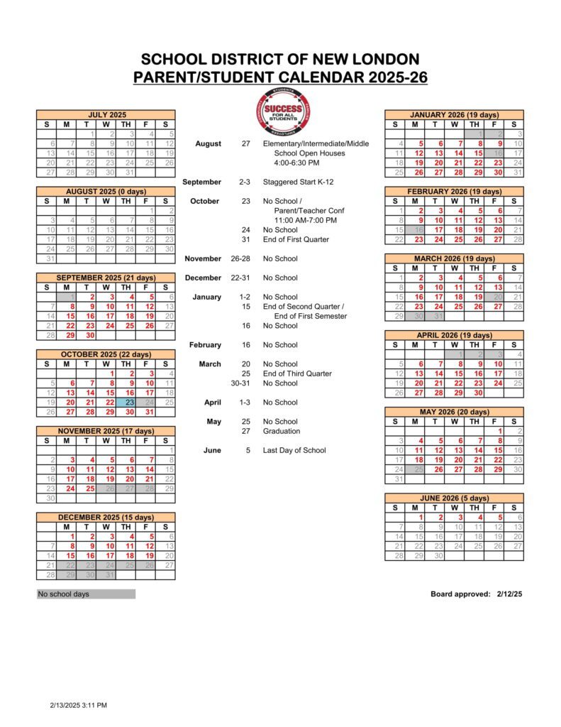SCHOOL DISTRICT OF NEW LONDON CALENDAR