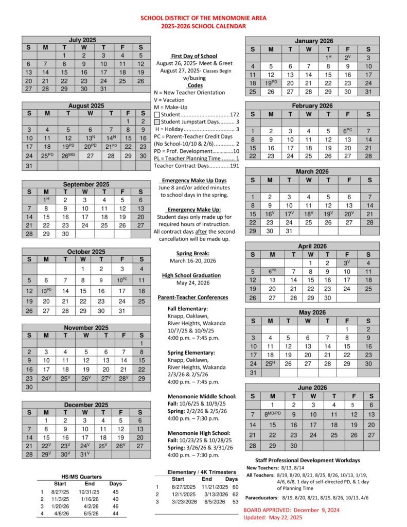 Menomonie Area School Calendar wi 25-26