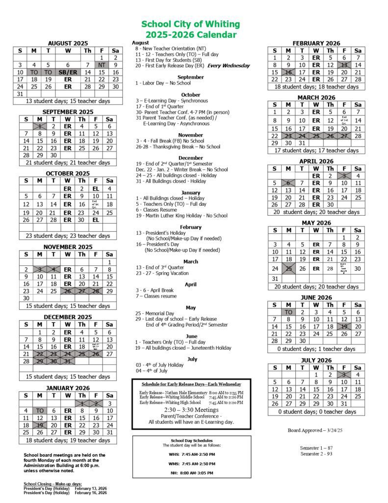 School City of Whiting calendar