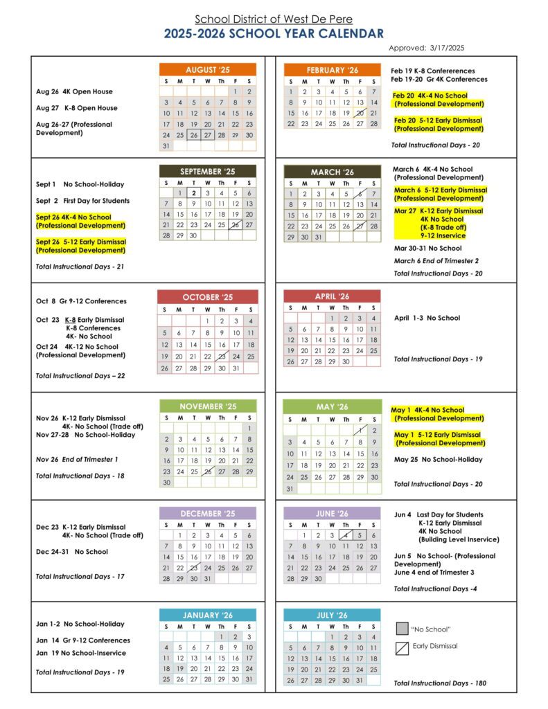 School District of West De Pere calendar