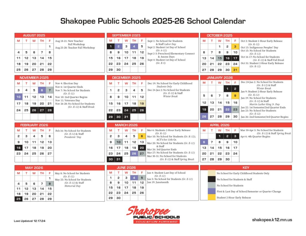 Shakopee Public Schools 25-26 CALENDAR