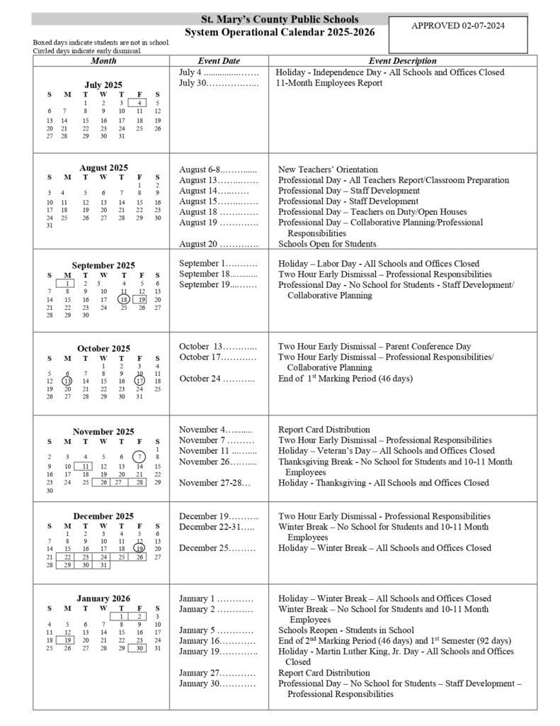 St. Mary's County Public Schools 25-26, calendar