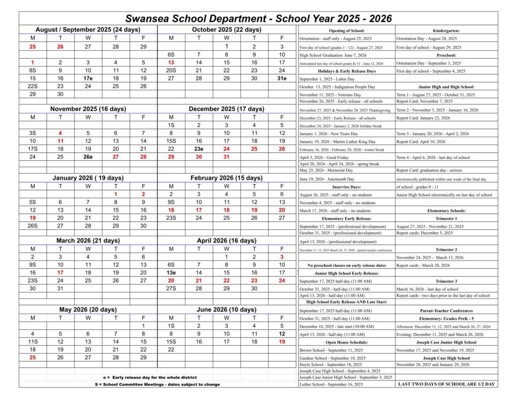 Swansea School Department calendar