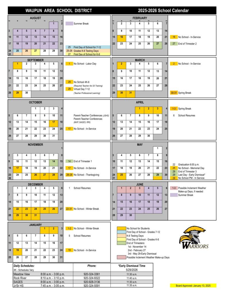 WAUPUN AREA SCHOOL DISTRICT CALENDAR
