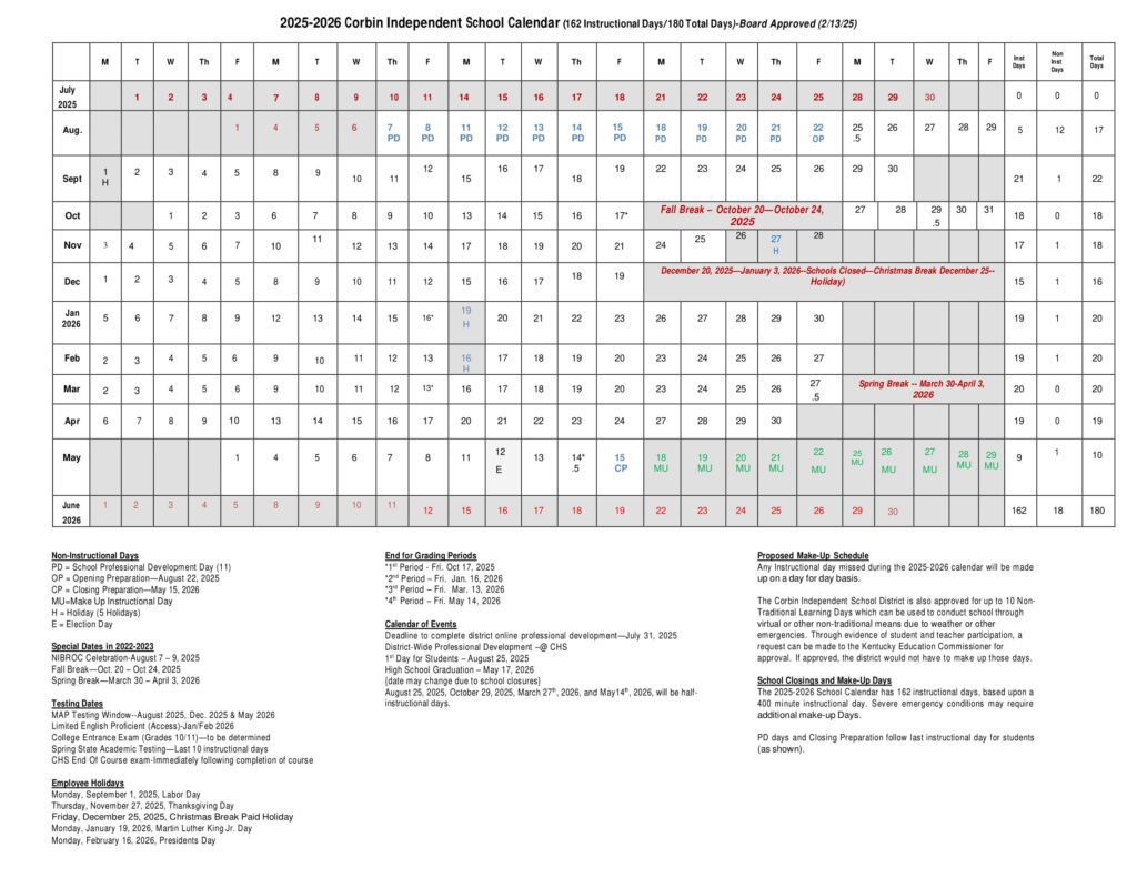 corbin schools calendar