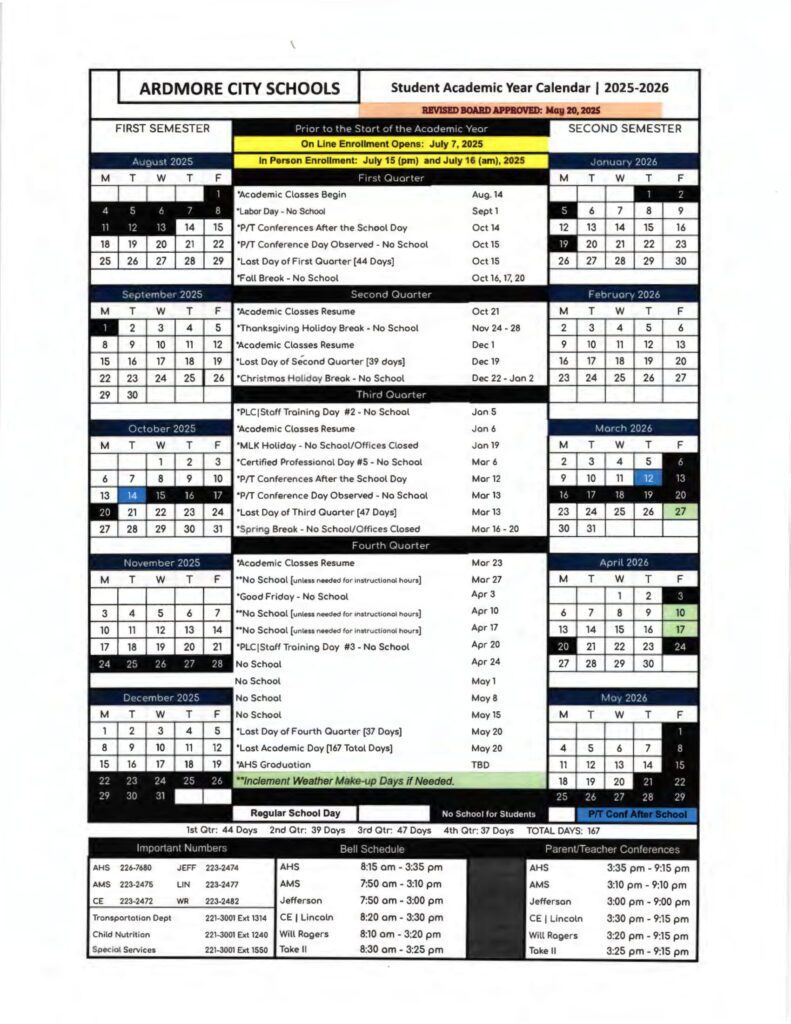 ARDMORE CITY SCHOOLS calendar
