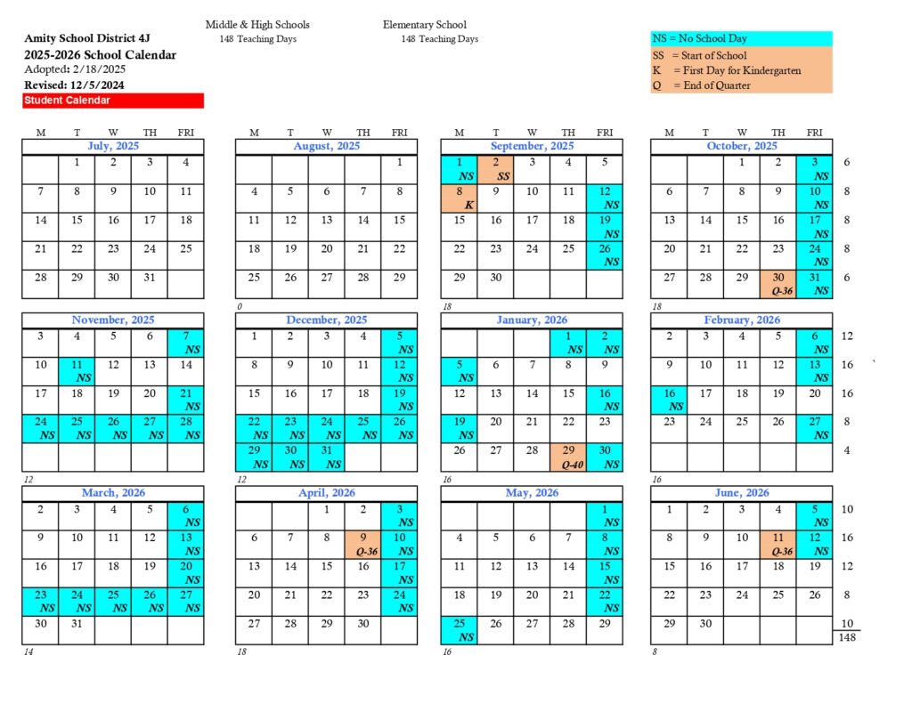 amity school calendar