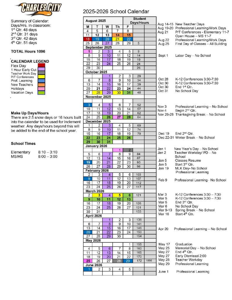 Charles City Community School District calendar