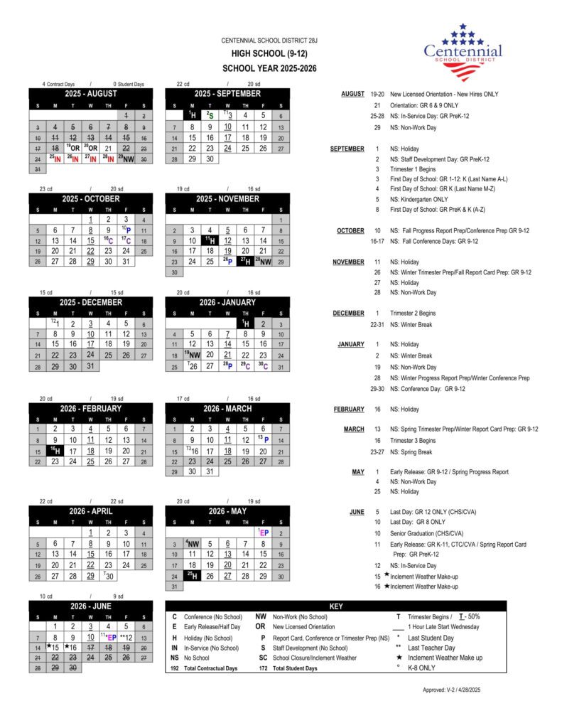 Centennial School District 28J calendar