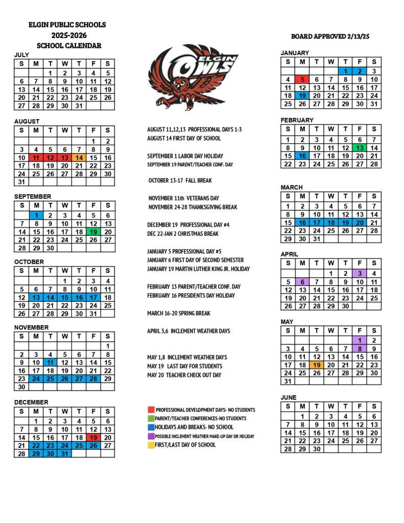 Elgin Public School District calendar