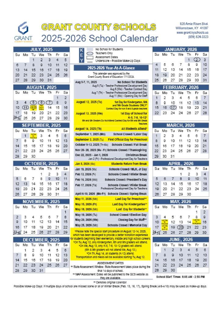 Grant County Schools calendar