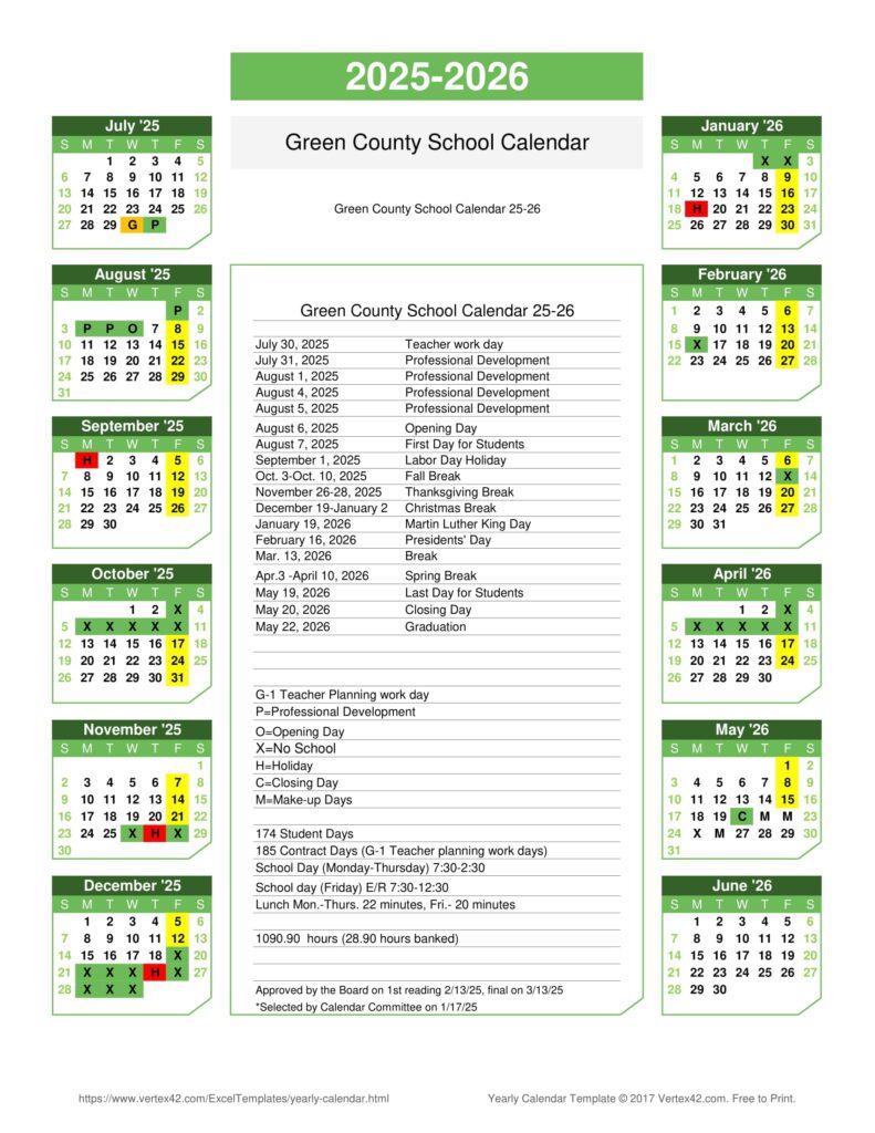 GREEN COUNTY SCHOOL CALENDAR