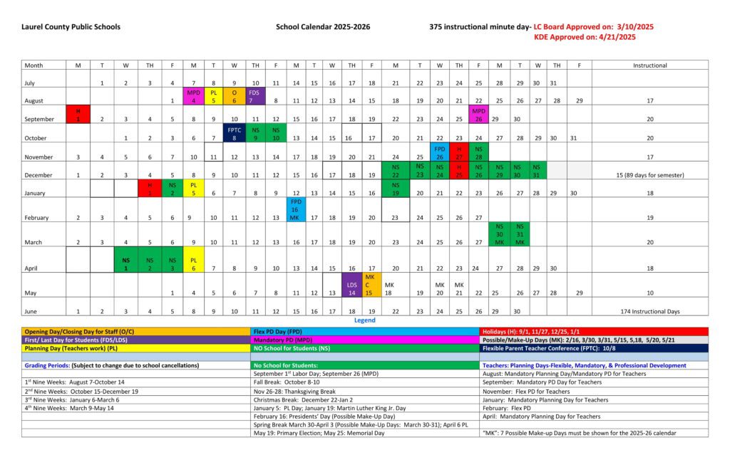 Laurel County Public Schools calendar