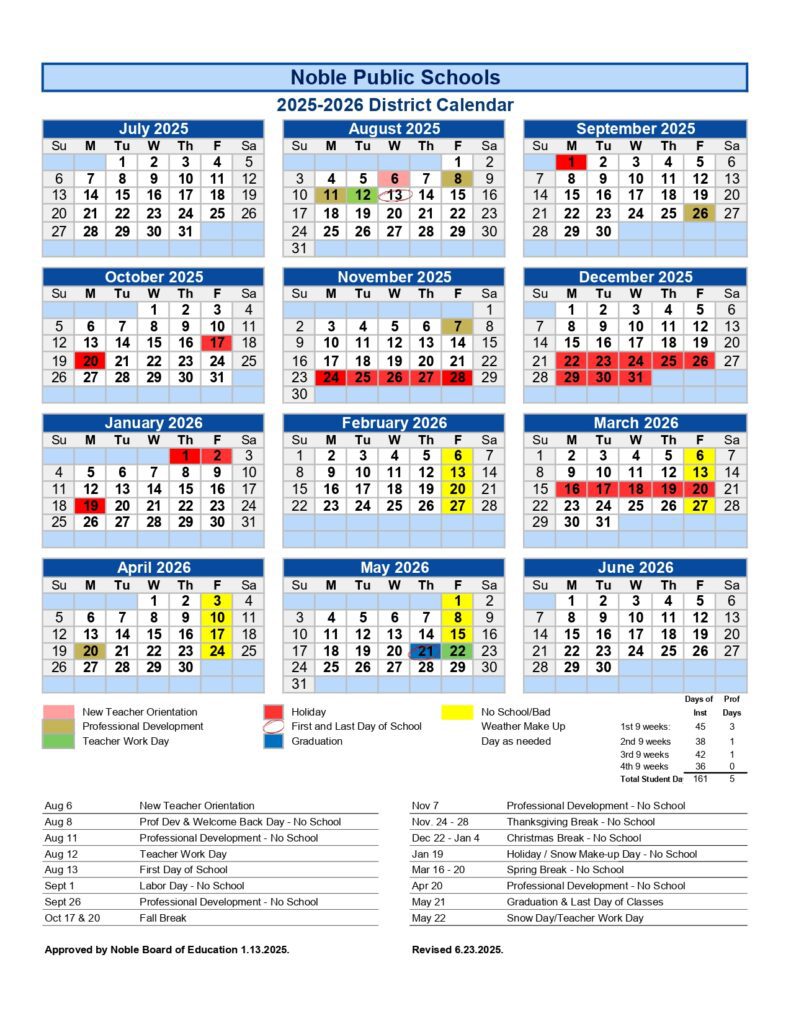 Noble Public Schools calendar