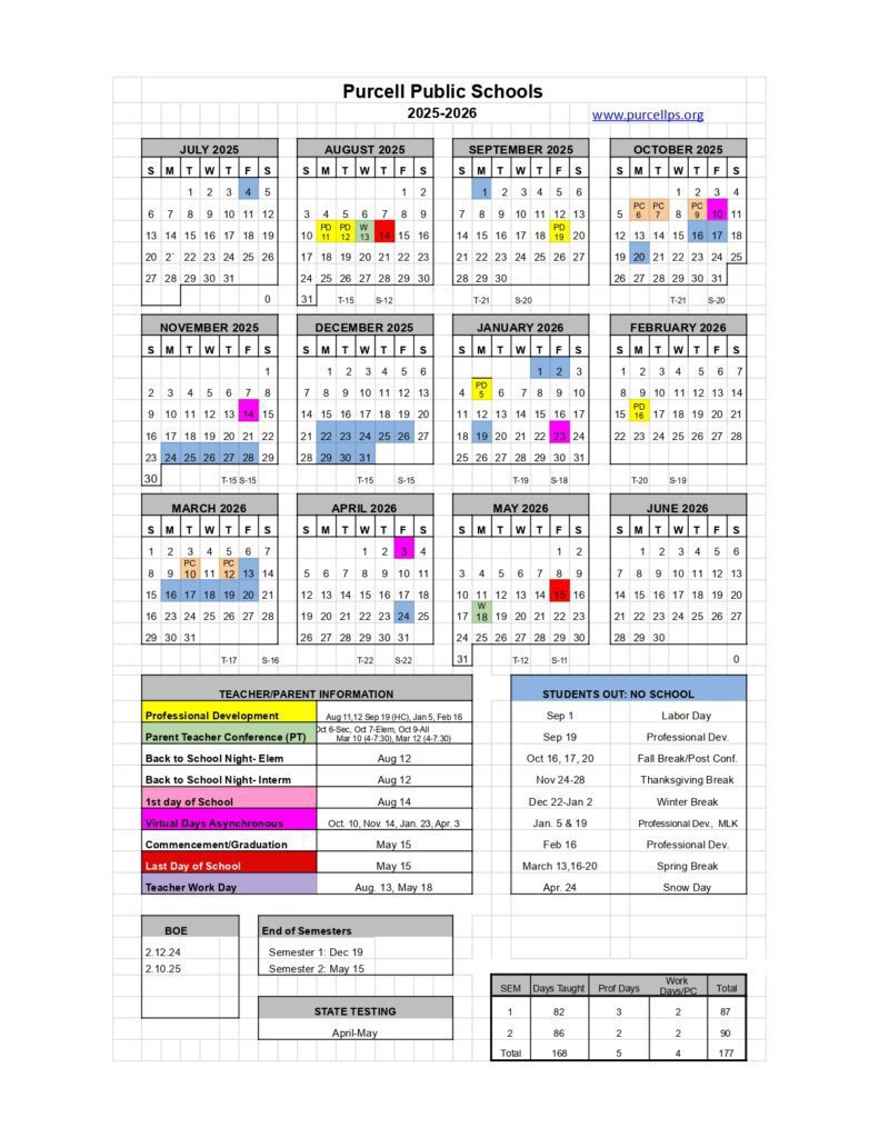 Purcell Public Schools calendar