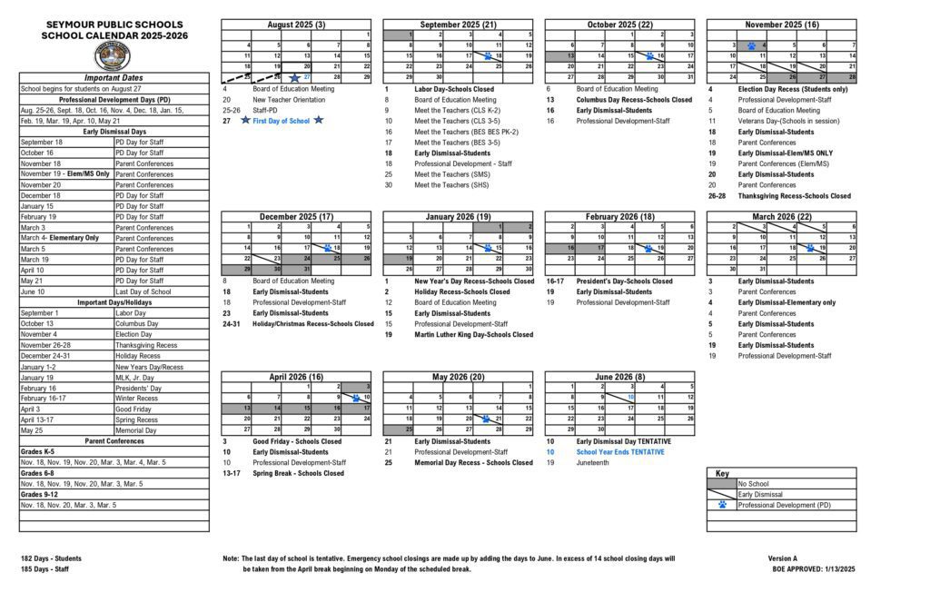Seymour Public Schools calendar