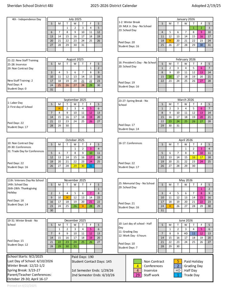 Sheridan School District CALENDAR