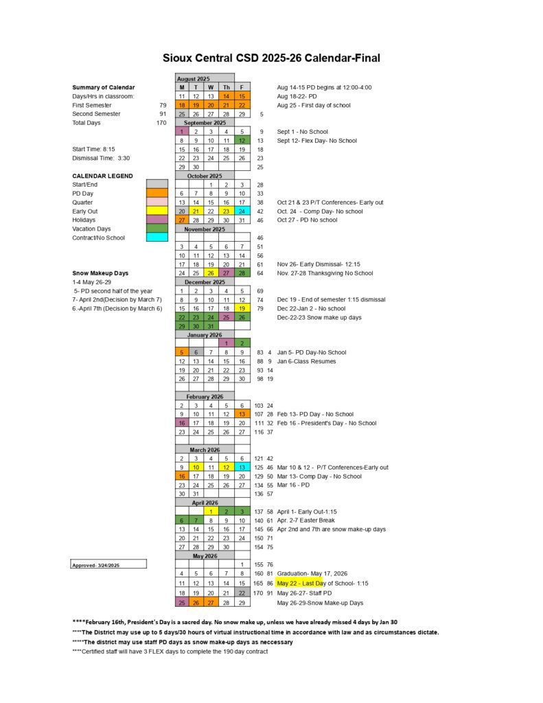 Sioux Central Community School District calendar