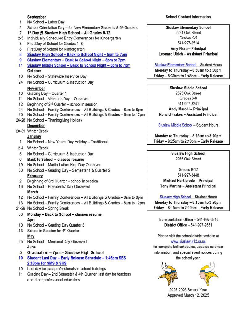 Siuslaw School District 97J 25-26, 1 calendar