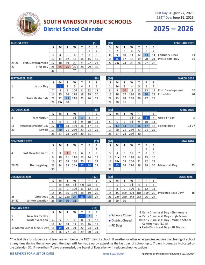 South Windsor Public Schools calendar