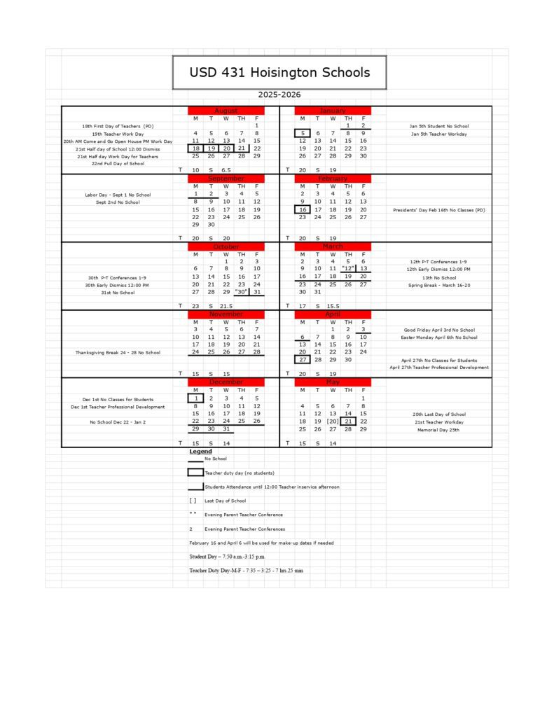USD 431 Hoisington Schools 25-26 calendar