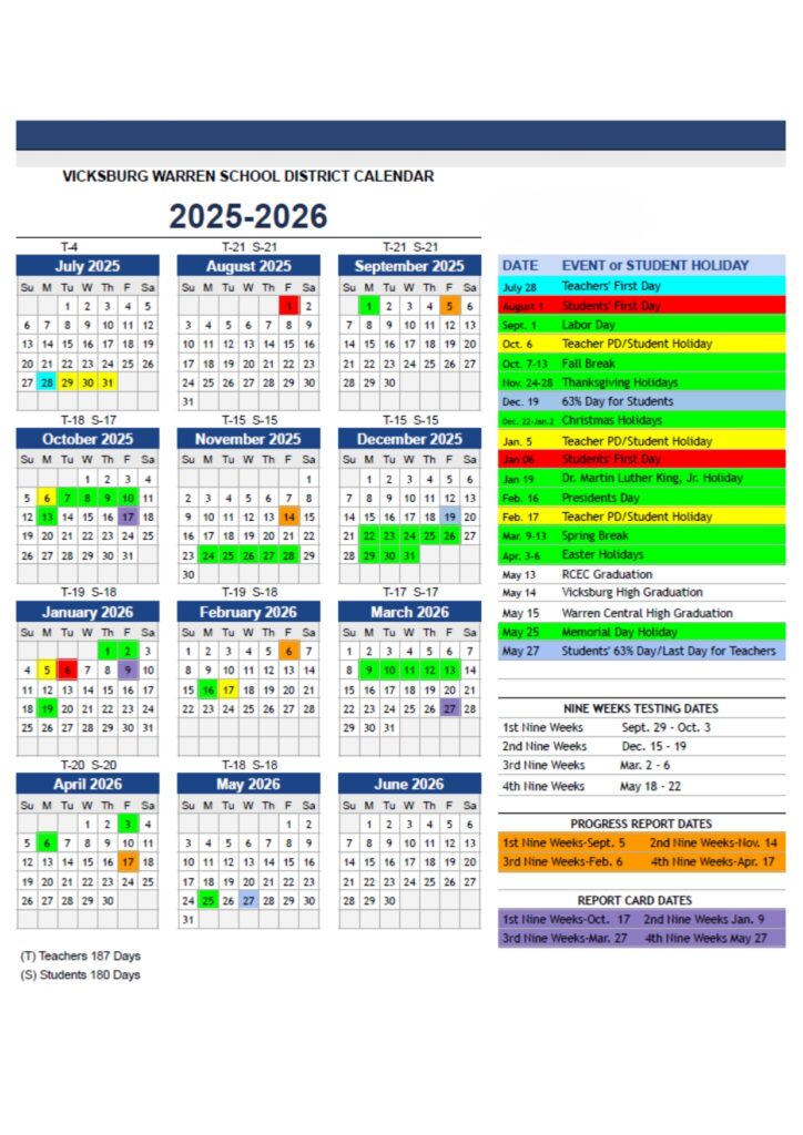 Vicksburg Warren School District calendar