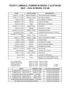 west carroll parish school board calendar