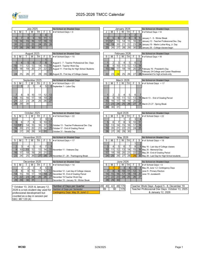 Washoe County School District 25-26, 1 calendar