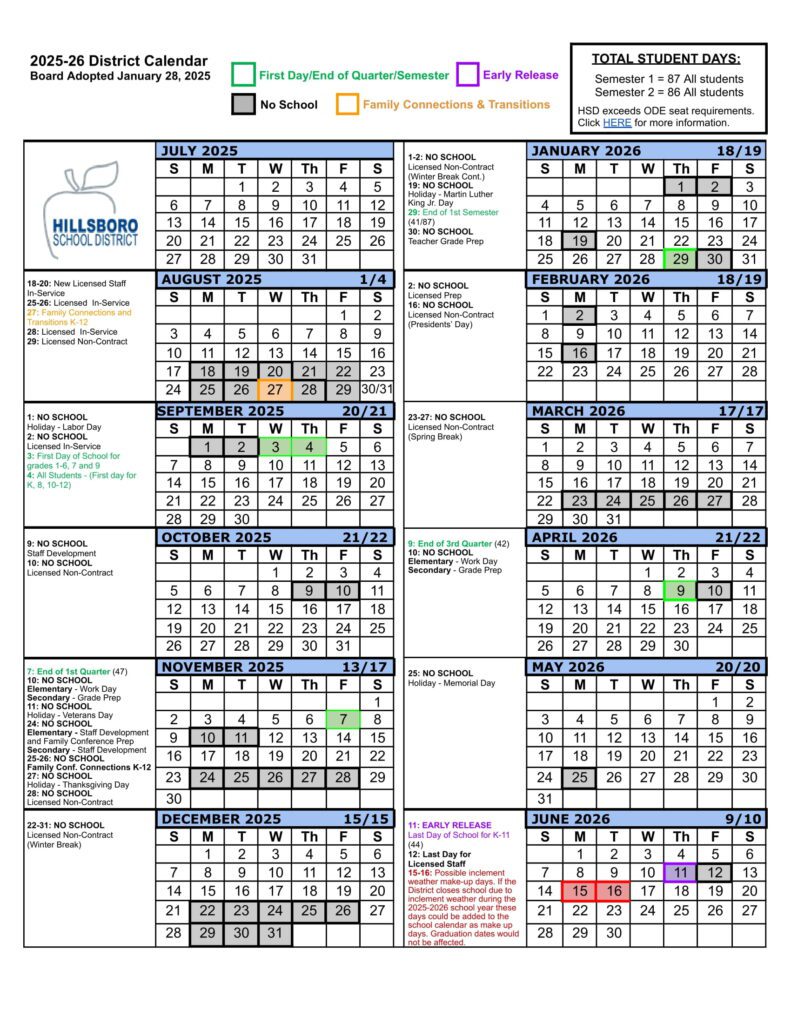 hillsboro school calendar