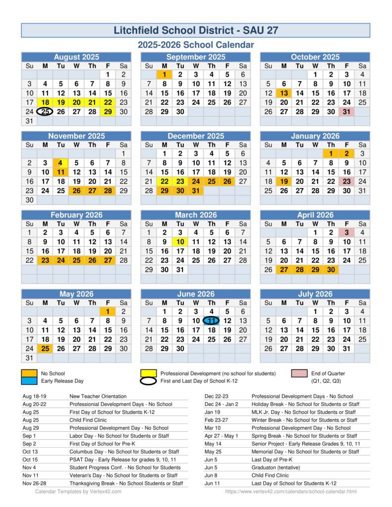 Litchfield School District school calendar