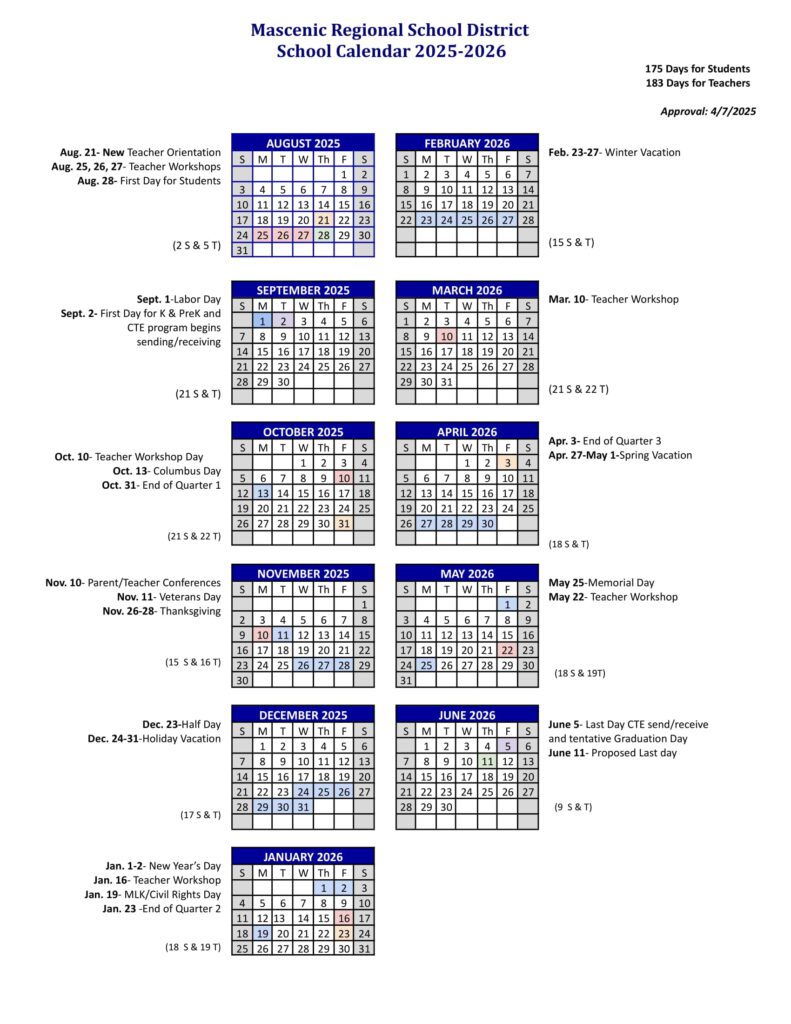 Mascenic Regional School District calendar
