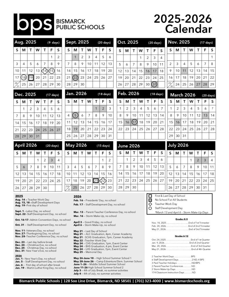 Bismarck School District 1 calendar