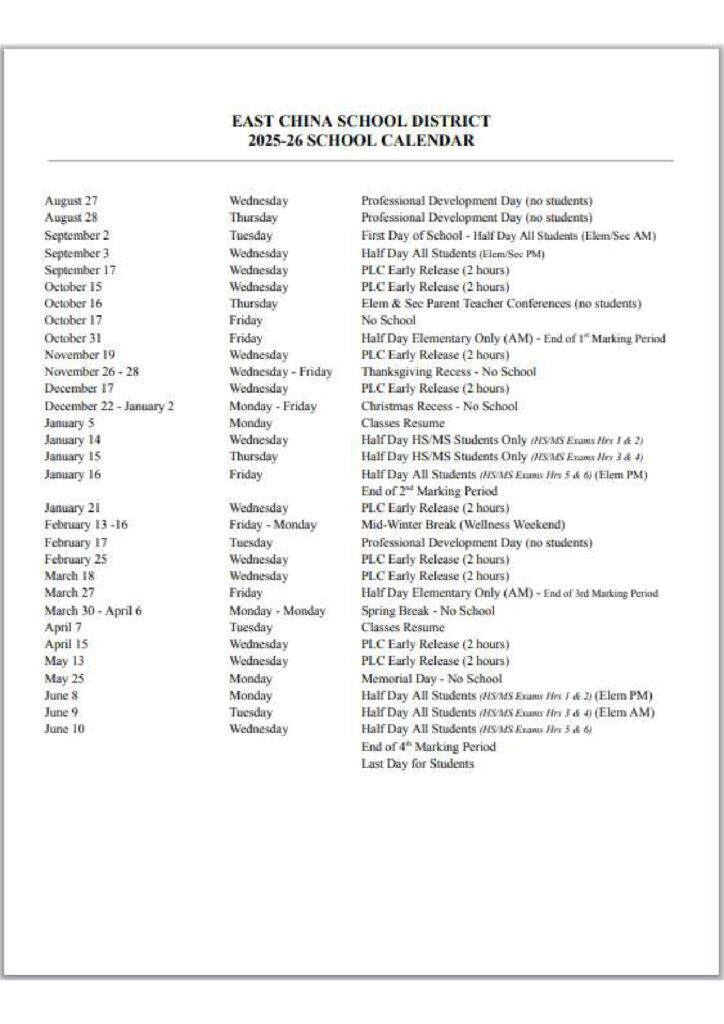 EAST CHINA SCHOOL DISTRICT25-26