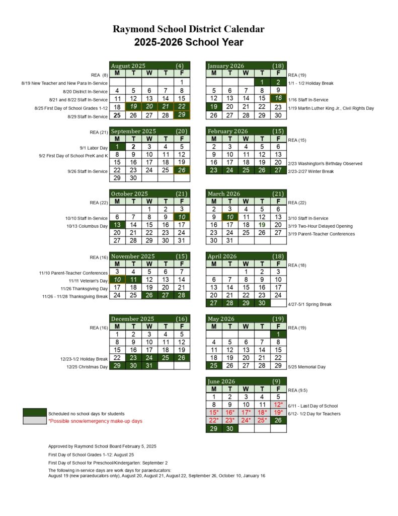 Raymond School District calendar