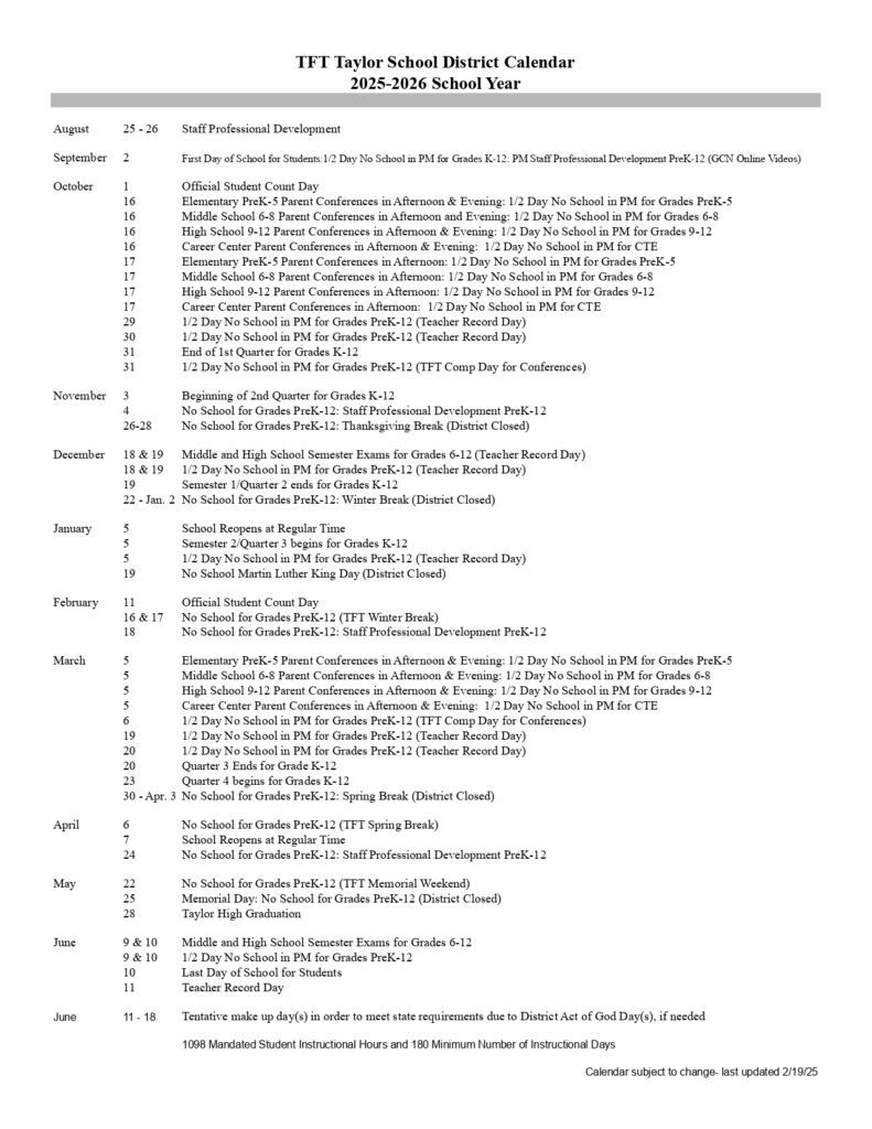 TFT Taylor School District - calendar